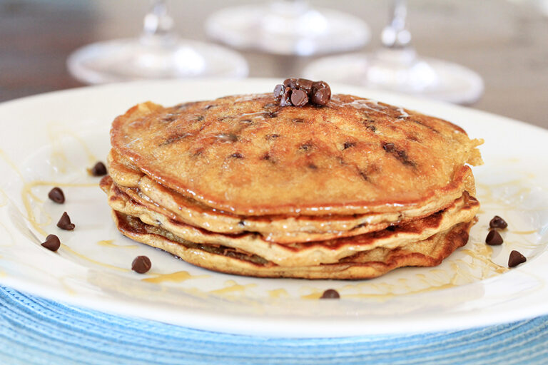 A stack of Devin Alexander&rsquo;s chocolate chip pancakes
