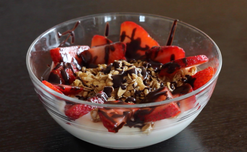 Vanilla, Chocolate, and Strawberry Breakfast Sundae